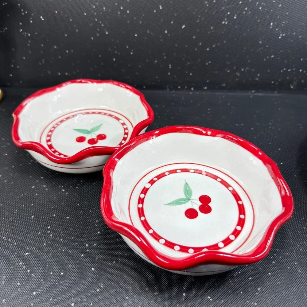 Crate & Barrel Mesa Cherry Pie Dish Bowl Individual Ramekin Set of 2 Red White
